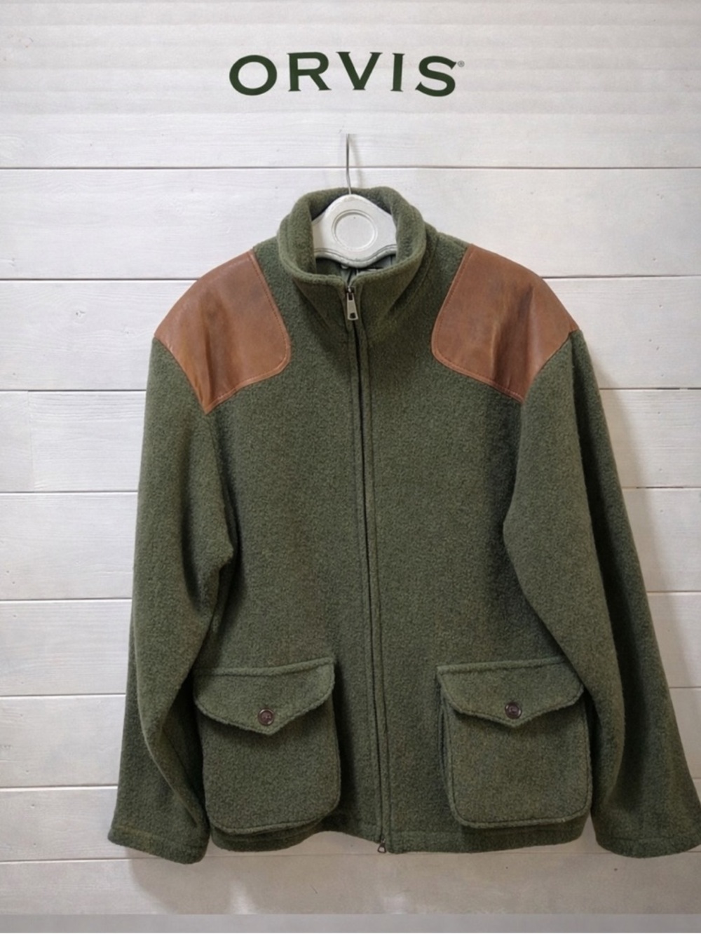 ❣️ORVIS Green Wool Jacket with Leather Shoulder Patches – Size L